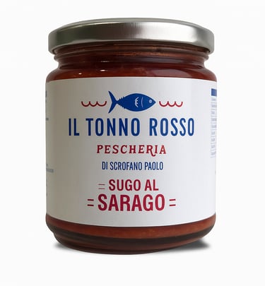 Barattolo di sugo al sarago del marchio Il Tonno Rosso Pescheria di Scrofano Paolo