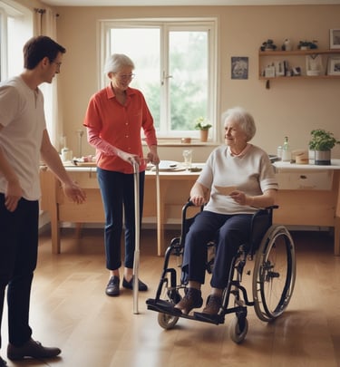 A project manager discussing staffing plans with healthcare staff in a bright, modern office setting.