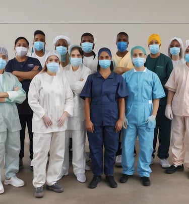 A group of smiling healthcare professionals standing together outside an NHS facility, ready to support their community.