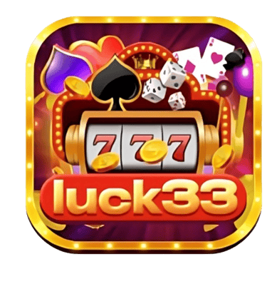 Luck33 casino slot machine app icon with triple seven jackpot, playing cards, and dice.