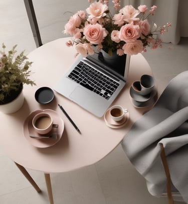 A cozy workspace with a laptop, notebook, and a cup of coffee, representing productivity and comfort.