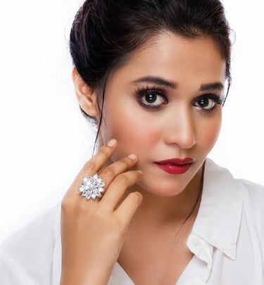 City Girl  Cz stone Studded Rhodium Plated Cocktail Finge Golden Leaf Ring