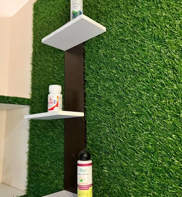 A shelf with a shampoo bottle and a toothpaste bottle, showcasing essential bathroom products in a tidy arrangement