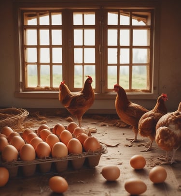 chickens and eggs in a basket on a table egg