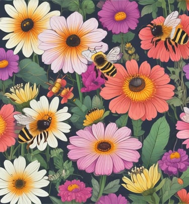 A small garden area with various plants growing, featuring a wooden shed in the middle distance. Surrounding trees and shrubs add to the greenery, while two blue containers and a wooden sled type structure are also present. The garden beds are organized and show a variety of plants and vegetables.