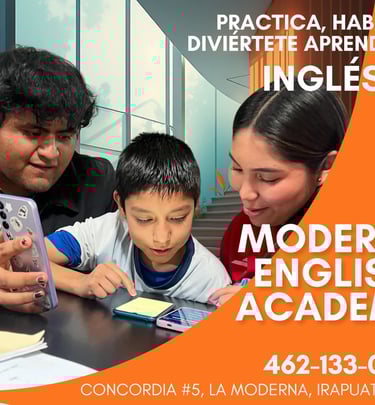 Students practicing English with mobile devices at Moderna English Academy in Irapuato, GTO.