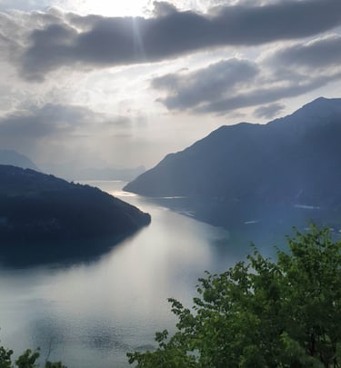 a view of a lake and mountains in the distance
