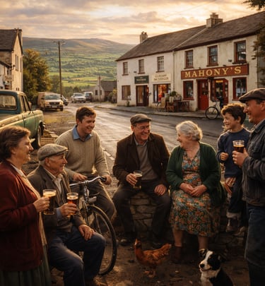 A multigenerational group of local residents enjoys drinks outside a traditional Irish village pub at sunset.