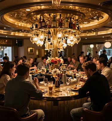 Cozy dimly lit bar interior with wooden accents and elegant seating