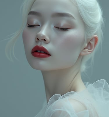 An Asian woman with white hair