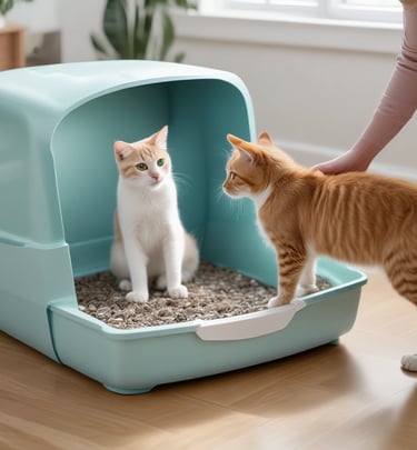 Two orange tabby cats are surrounded by small, warm-colored string lights. The cats are in a cardboard box with soft white paper underneath them. One cat is in the foreground, looking to the side, showing pronounced whiskers and a calm expression, while the other cat is in the background, partially blurred.