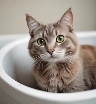 A cat is lounging on a patterned rug in a tiled room with a window. There is a cat tree next to the window and a cardboard box on the floor near a shower enclosure. Various cat toys and a food bowl are scattered around the room.