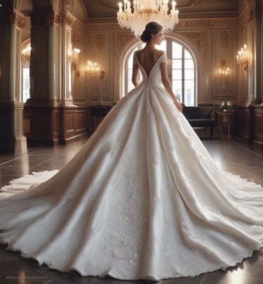 A woman in an elegant, long bridal gown stands next to a large window, with natural light highlighting the intricate lace design of the dress. Her hair is styled in an elaborate updo, adorned with decorative accessories. The background shows bare tree branches through the window, indicating a scene set in winter or late fall.