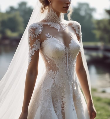 A storefront of a clothing or bridal shop is seen, showcasing a white gown displayed behind a large glass window. Above the window, a red diamond-shaped sign with writing is mounted on a wood-textured exterior wall.