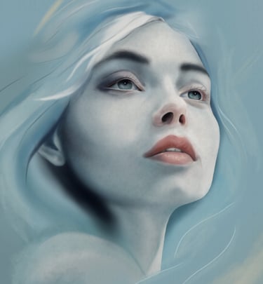 a woman with a blue eyes and a white hair