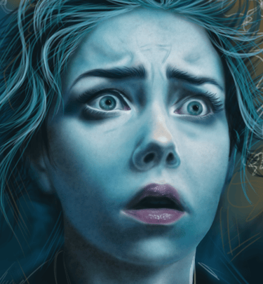 a frightened woman with blue hair and blue eyes