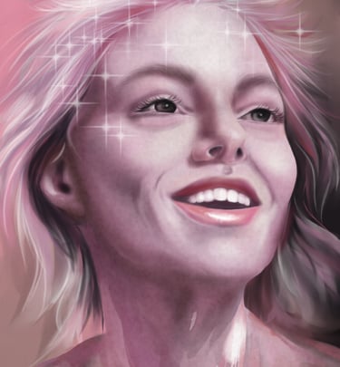 a joyful woman with blonde hair and a pink shirt