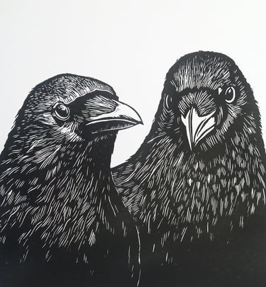 handprinted linoprint of two crows by  carolynne coulson