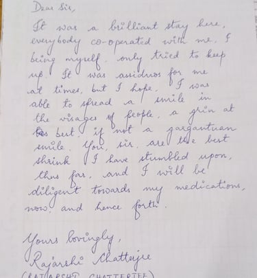 A handwritten thank-you letter to Dr. Aniruddha Deb from one of our patient at Mon Clinics.