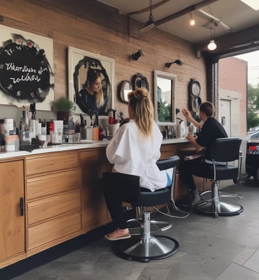 A person is having their hair cut or styled outdoors. They are looking into a handheld mirror to view the process. The person has a towel or cape draped around their shoulders, suggesting a hair styling session. The scene is brightly lit by natural sunlight.