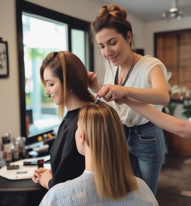 A person is getting their hair styled while holding a smartphone. The hairstylist is focused on their work, while the person being styled is looking at the phone screen.
