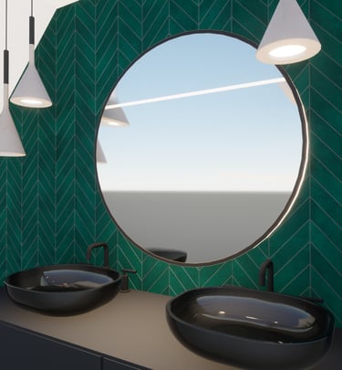 Rénovation d'une salle de bain avec deux vasques et un miroir surmonté de luminaires suspendus