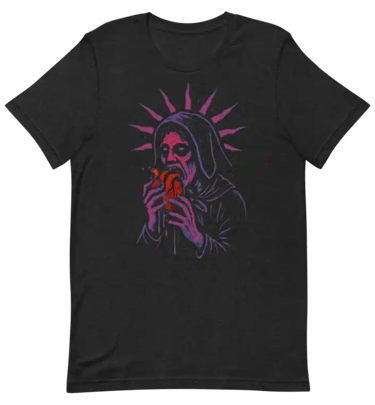 Black heavy‑weight tee with a linocut‑style hooded figure devouring a human heart in reds and purple