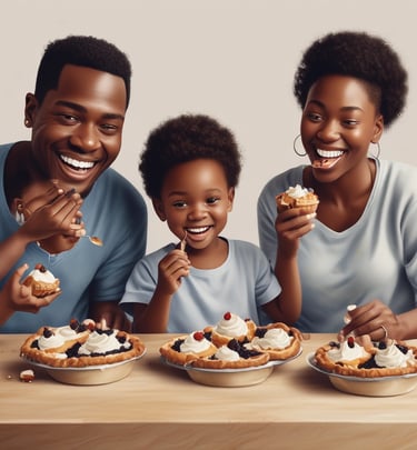 A family sharing slices of pie at a cozy dining table.