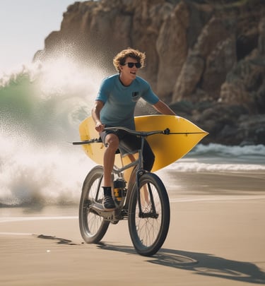 a surfer riding a bicycle with his board