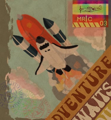 A space shuttle blasting in to orbit painted on a poster that says adventure awaits.
