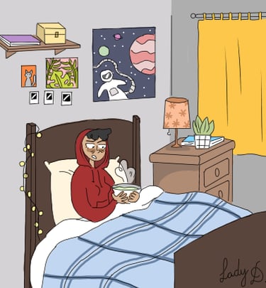 a cartoonish looking man in a bed with a bow. Diane Mulolo Faidal of food