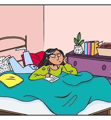 a cartoonish looking woman in a bed with a book and a book. Diane Mulolo Faida