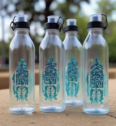 A sleek, modern glass water bottle with black lettering stands upright against a softly lit background. The bottle has a distinctive, elegant spout attachment, resembling a sophisticated dispenser or faucet, casting a gentle shadow.