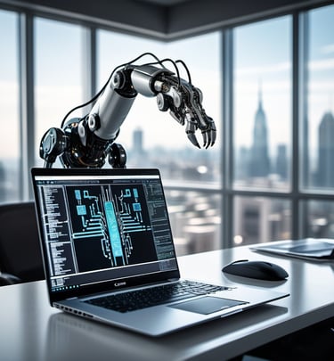Modern office with robotic arm assembling a circuit board near a laptop