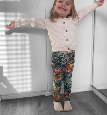 a little girl standing in a room with her arms outstretched out wearing peacock print leggings 