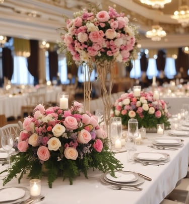 Several bouquets of flowers wrapped in white paper are arranged inside a decorative woven basket. The flowers include pale yellow and pink roses, as well as lilies and other blooms. The background features soft shadows and natural textures, creating a cozy and inviting atmosphere.
