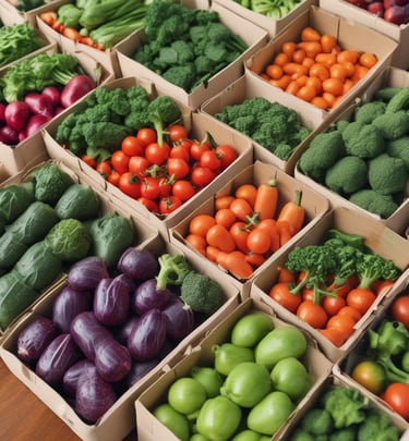 A collection of fresh vegetables including onions, carrots, celeriac, leeks, a leafy green vegetable, and a can of organic coconut milk are arranged on a patterned surface. The items are organized with some inside a cardboard box labeled 'Feel Good Farming' and others placed alongside a magazine feature.