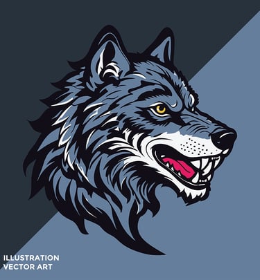 Vector illustration of a wolf’s head in profile, featuring sharp geometric shapes and shades of gray