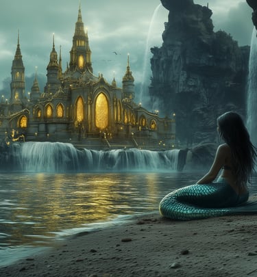Mermaid sitting on the shoreline looking at an ancient glowing castle at dawn