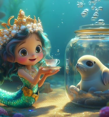 Sweet mermaid tea time with a friendly seal