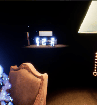 Coded Black gameplay screenshot showing a glowing figure on a chair and a glowing family sat in a kitchen in the background.