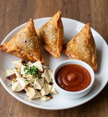 An inviting platter of mixed Indian and Nepali appetizers with pops of green chutney and orange lentil dal.