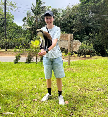 Young tourist enjoying the Mona Monkey - Grenada's wildlife