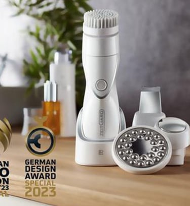 LR Zeitgard Pro facial cleansing brush set with massage attachments and German Design Award logos.