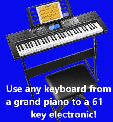 61-key electronic keyboard piano with adjustable stand, padded bench, and tablet music holder.