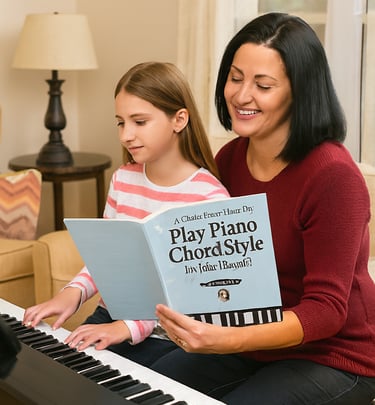 A smiling woman and young girl learn to play piano chord style using a music book and digital keyboard.