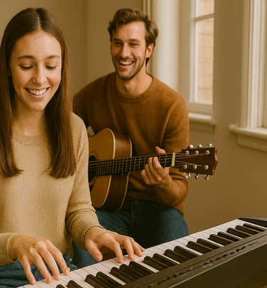 A smiling young woman playing a digital piano with friends on guitar in a home music session.