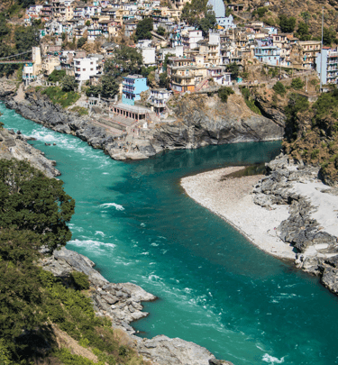 Devaprayag, the confluence of Bhagirithi & Alaknannda rivers to become one as sacred river Ganga 