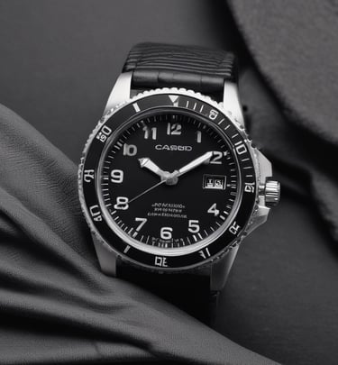 Close-up of a sleek black dial watch with luminous hands glowing softly against a dark background