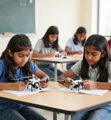 Students assembling a complex robotics project with focused expressions